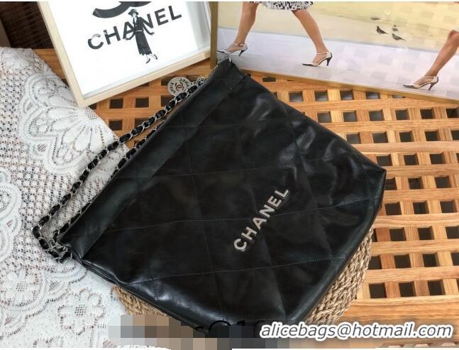 Custom Chanel 22 Shiny Calfskin Leather Small Shopping Bag AS3260 Black/Aged Silver 2024