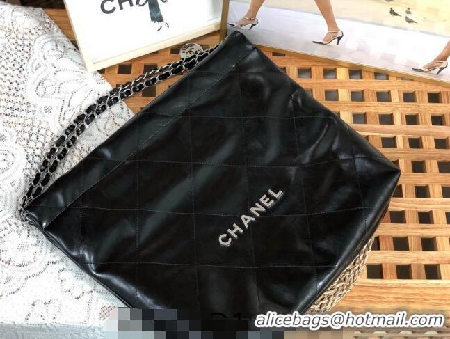 Inexpensive Chanel 22 Shiny Calfskin Leather Shopping Bag AS3261 Black/Aged Silver 2024