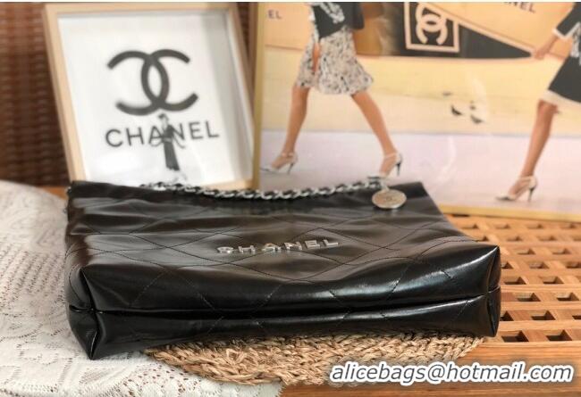 Inexpensive Chanel 22 Shiny Calfskin Leather Shopping Bag AS3261 Black/Aged Silver 2024