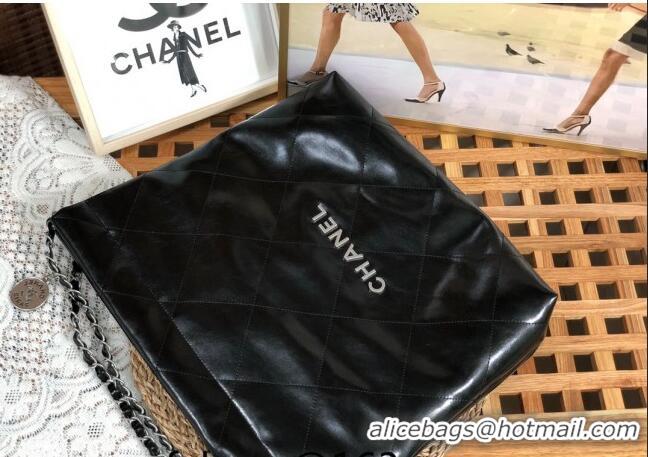 Inexpensive Chanel 22 Shiny Calfskin Leather Shopping Bag AS3261 Black/Aged Silver 2024