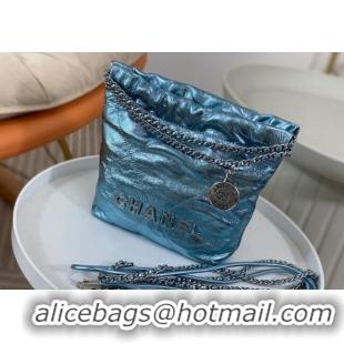 Spot Bulk Chanel 22 Metallic Shiny Calfskin Mini Shopping Bag AS3980 Light Blue 2024