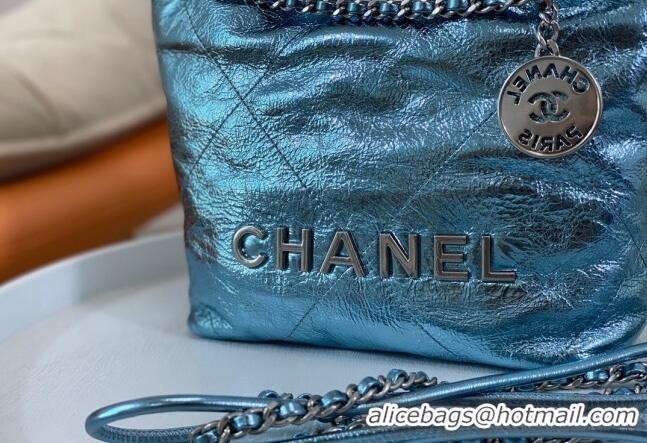 Spot Bulk Chanel 22 Metallic Shiny Calfskin Mini Shopping Bag AS3980 Light Blue 2024