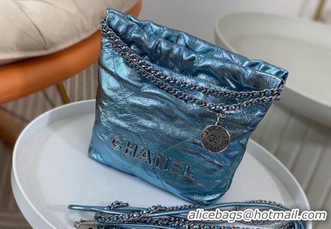 Spot Bulk Chanel 22 Metallic Shiny Calfskin Mini Shopping Bag AS3980 Light Blue 2024