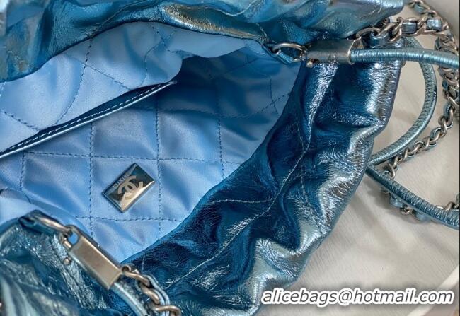 Spot Bulk Chanel 22 Metallic Shiny Calfskin Mini Shopping Bag AS3980 Light Blue 2024