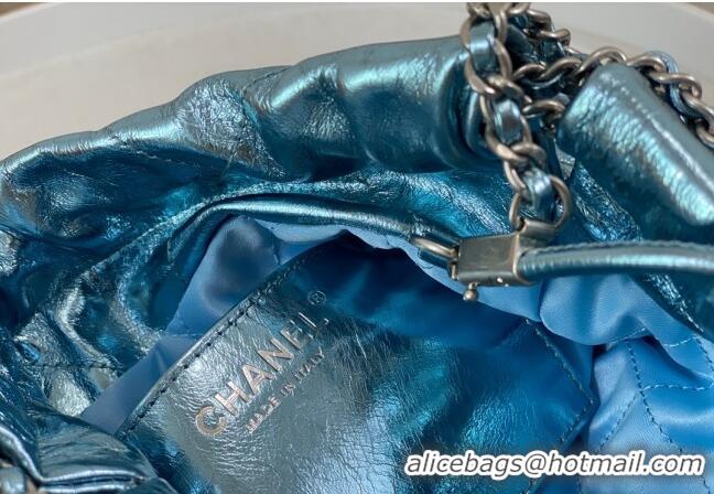 Spot Bulk Chanel 22 Metallic Shiny Calfskin Mini Shopping Bag AS3980 Light Blue 2024