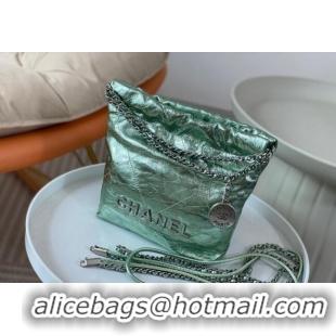 New Release Creation Chanel 22 Metallic Shiny Calfskin Mini Shopping Bag AS3980 Light Green 2024