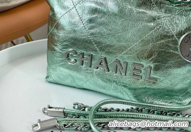 New Release Creation Chanel 22 Metallic Shiny Calfskin Mini Shopping Bag AS3980 Light Green 2024