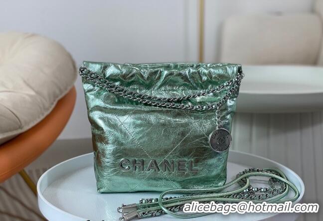 New Release Creation Chanel 22 Metallic Shiny Calfskin Mini Shopping Bag AS3980 Light Green 2024