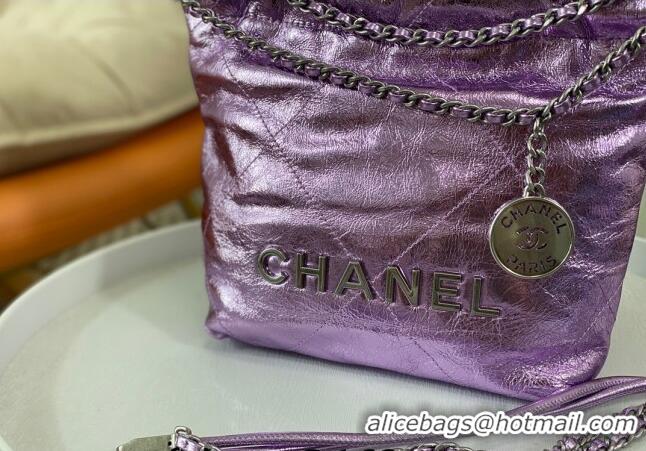 Most Popular Chanel 22 Metallic Shiny Calfskin Mini Shopping Bag AS3980 Purple 2024