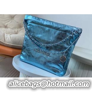 Top Grade Chanel 22 Metallic Shiny Calfskin Small Shopping Bag AS3260 Light Blue 2024