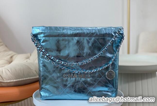 Top Grade Chanel 22 Metallic Shiny Calfskin Small Shopping Bag AS3260 Light Blue 2024