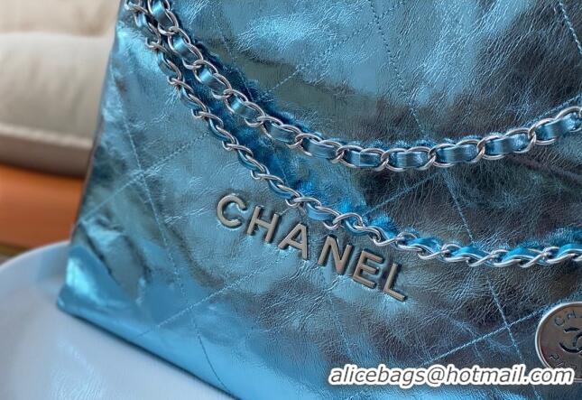 Top Grade Chanel 22 Metallic Shiny Calfskin Small Shopping Bag AS3260 Light Blue 2024