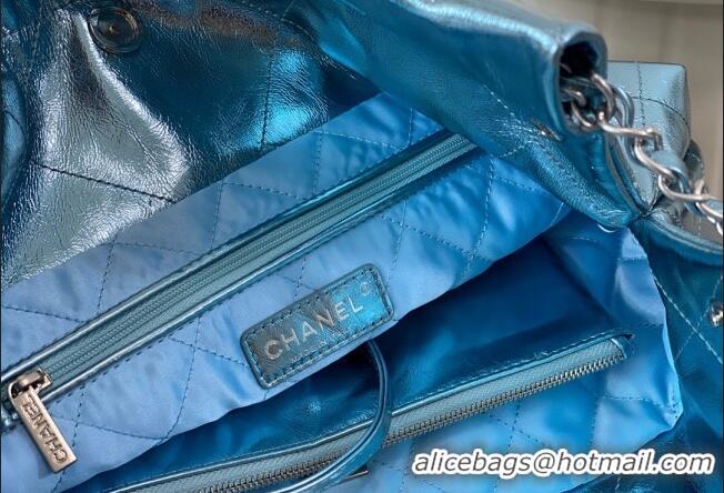 Top Grade Chanel 22 Metallic Shiny Calfskin Small Shopping Bag AS3260 Light Blue 2024