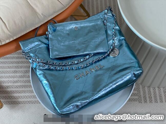 Top Grade Chanel 22 Metallic Shiny Calfskin Small Shopping Bag AS3260 Light Blue 2024