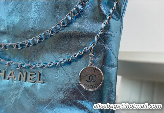 Top Grade Chanel 22 Metallic Shiny Calfskin Small Shopping Bag AS3260 Light Blue 2024