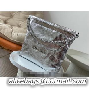 Grade Quality Chanel 22 Metallic Shiny Calfskin Small Shopping Bag AS3260 Silver 2024