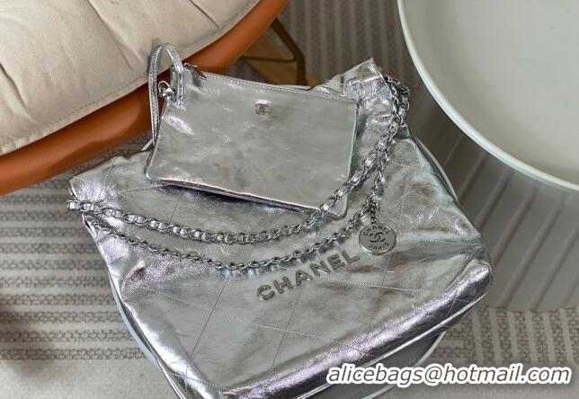 Grade Quality Chanel 22 Metallic Shiny Calfskin Small Shopping Bag AS3260 Silver 2024