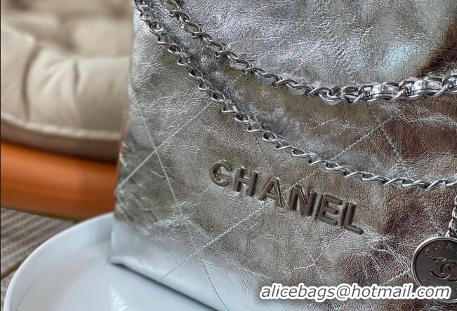 Grade Quality Chanel 22 Metallic Shiny Calfskin Small Shopping Bag AS3260 Silver 2024