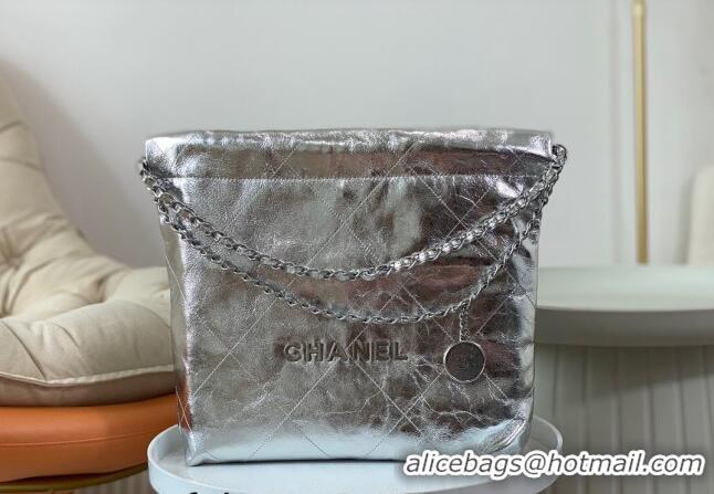 Grade Quality Chanel 22 Metallic Shiny Calfskin Small Shopping Bag AS3260 Silver 2024