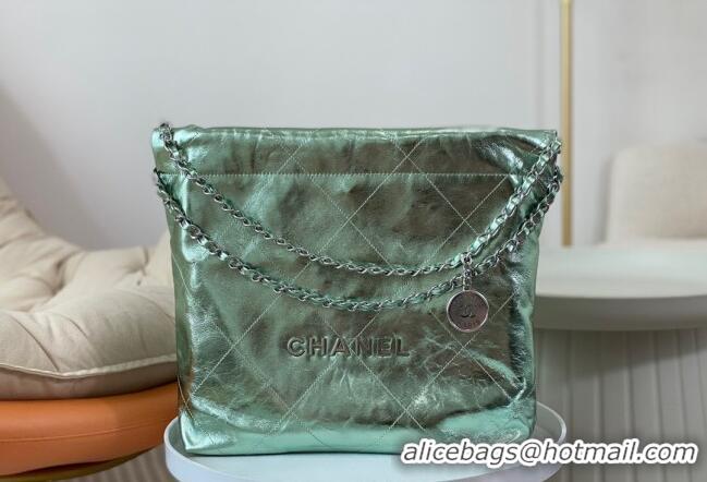 Low Price Chanel 22 Metallic Shiny Calfskin Small Shopping Bag AS3260 Light Green 2024