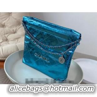 Stylish Best Chanel 22 Metallic Shiny Calfskin Small Shopping Bag AS3260 Blue 2024