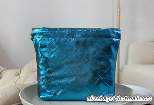 Stylish Best Chanel 22 Metallic Shiny Calfskin Small Shopping Bag AS3260 Blue 2024