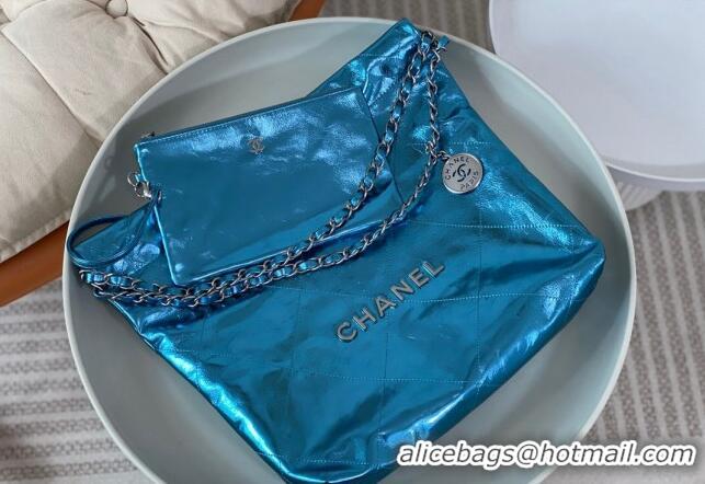 Stylish Best Chanel 22 Metallic Shiny Calfskin Small Shopping Bag AS3260 Blue 2024