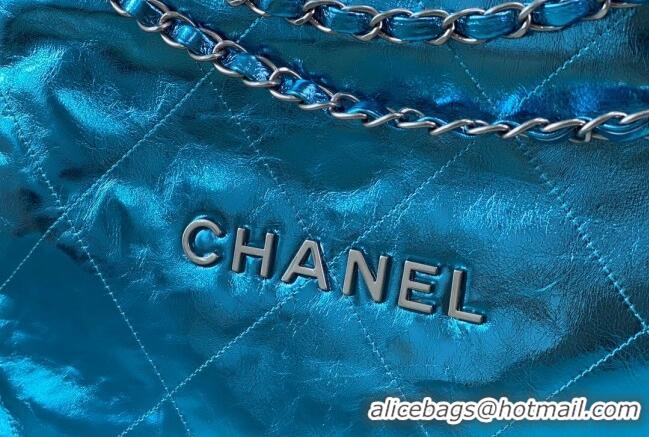 Stylish Best Chanel 22 Metallic Shiny Calfskin Small Shopping Bag AS3260 Blue 2024