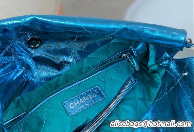 Stylish Best Chanel 22 Metallic Shiny Calfskin Small Shopping Bag AS3260 Blue 2024