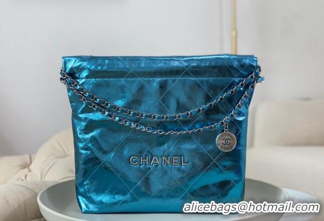 Stylish Best Chanel 22 Metallic Shiny Calfskin Small Shopping Bag AS3260 Blue 2024