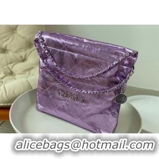 Best Grade Chanel 22 Metallic Shiny Calfskin Small Shopping Bag AS3260 Purple 2024