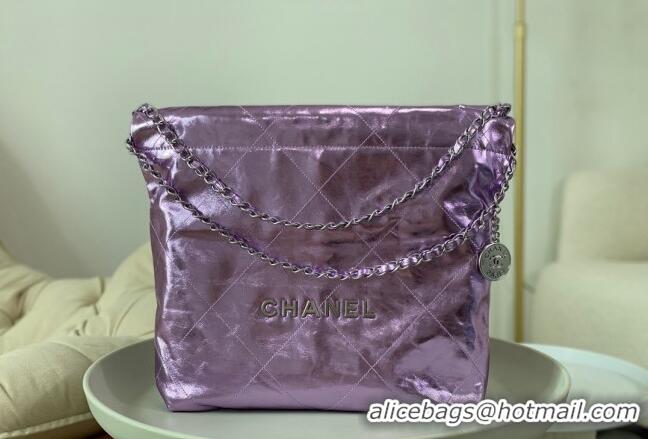 Best Grade Chanel 22 Metallic Shiny Calfskin Small Shopping Bag AS3260 Purple 2024