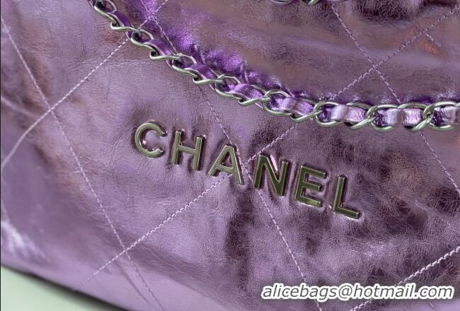 Best Grade Chanel 22 Metallic Shiny Calfskin Small Shopping Bag AS3260 Purple 2024