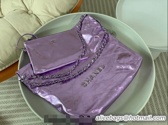 Best Grade Chanel 22 Metallic Shiny Calfskin Small Shopping Bag AS3260 Purple 2024