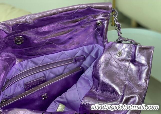 Best Grade Chanel 22 Metallic Shiny Calfskin Small Shopping Bag AS3260 Purple 2024