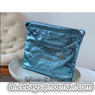 Buy Luxurious Chanel 22 Metallic Shiny Calfskin Shopping Bag AS3261 Light Blue 2024