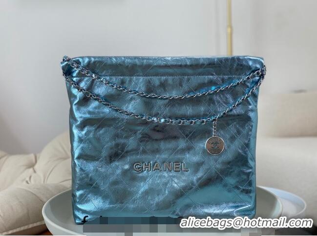 Buy Luxurious Chanel 22 Metallic Shiny Calfskin Shopping Bag AS3261 Light Blue 2024