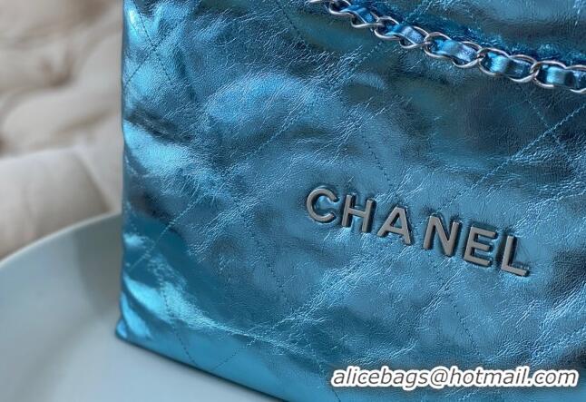 Buy Luxurious Chanel 22 Metallic Shiny Calfskin Shopping Bag AS3261 Light Blue 2024