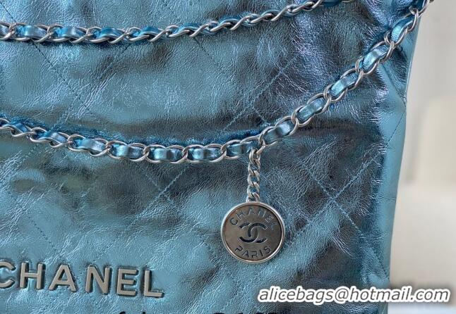 Buy Luxurious Chanel 22 Metallic Shiny Calfskin Shopping Bag AS3261 Light Blue 2024