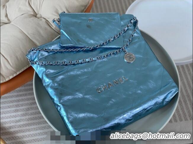 Buy Luxurious Chanel 22 Metallic Shiny Calfskin Shopping Bag AS3261 Light Blue 2024