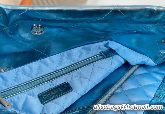 Buy Luxurious Chanel 22 Metallic Shiny Calfskin Shopping Bag AS3261 Light Blue 2024