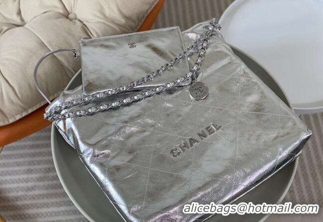 Low Price Chanel 22 Metallic Shiny Calfskin Shopping Bag AS3261 Silver 2024