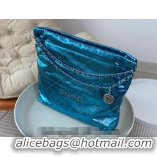 High Quality Chanel 22 Metallic Shiny Calfskin Shopping Bag AS3261 Blue2 2024