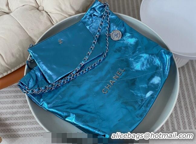 High Quality Chanel 22 Metallic Shiny Calfskin Shopping Bag AS3261 Blue2 2024