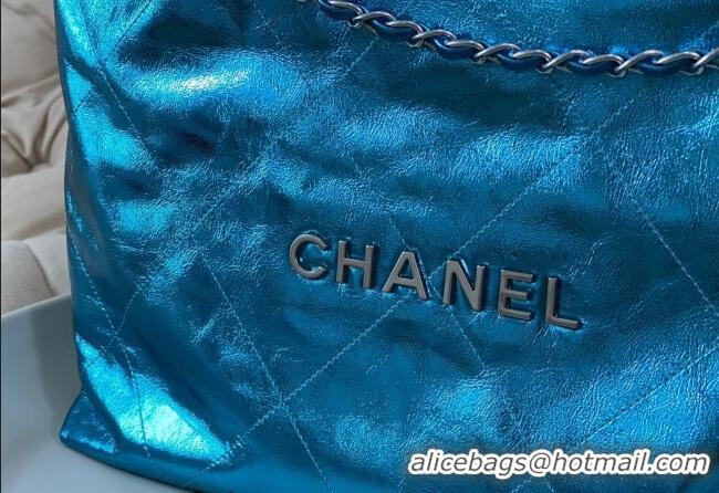 High Quality Chanel 22 Metallic Shiny Calfskin Shopping Bag AS3261 Blue2 2024