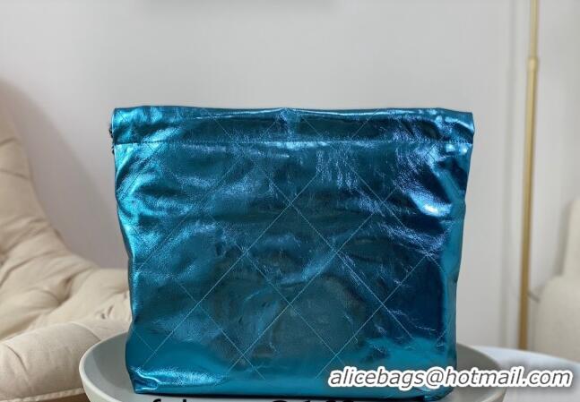 High Quality Chanel 22 Metallic Shiny Calfskin Shopping Bag AS3261 Blue2 2024