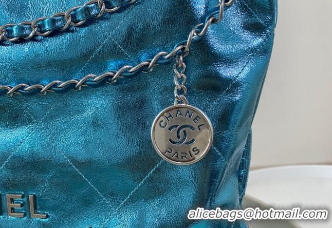 High Quality Chanel 22 Metallic Shiny Calfskin Shopping Bag AS3261 Blue2 2024