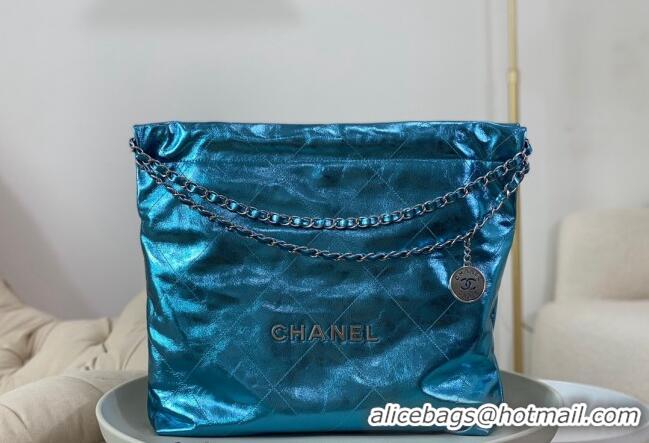 High Quality Chanel 22 Metallic Shiny Calfskin Shopping Bag AS3261 Blue2 2024