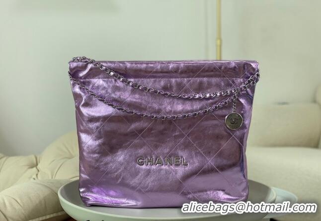 Latest Style Chanel 22 Metallic Shiny Calfskin Shopping Bag AS3261 Purple 2024