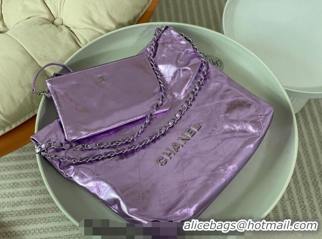 Latest Style Chanel 22 Metallic Shiny Calfskin Shopping Bag AS3261 Purple 2024